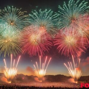 colorful fireworks lighting up the sky with large bursts, silhou