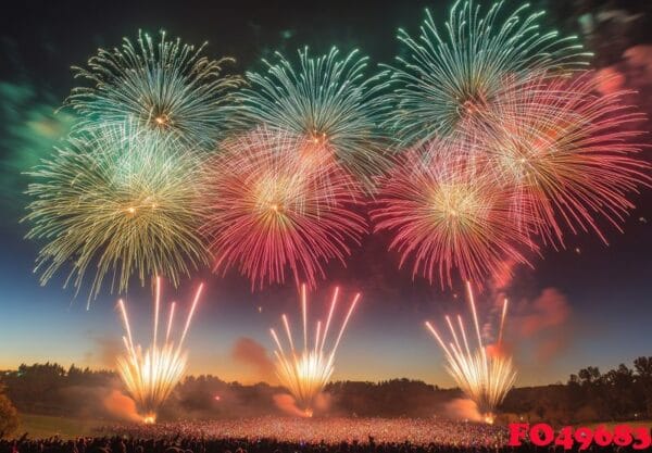 colorful fireworks lighting up the sky with large bursts, silhou