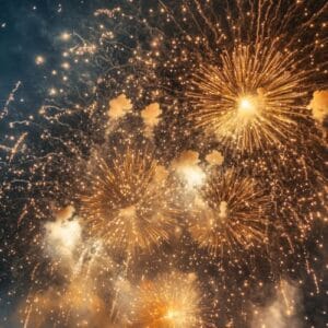 fireworks bursting in the sky above a festive celebration, with