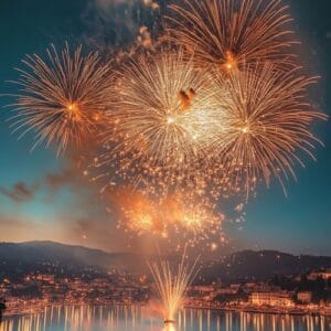 fireworks bursting in the sky above a festive celebration, with