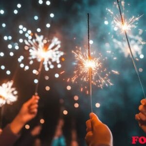 fireworks illuminating a festive scene, with people holding spar