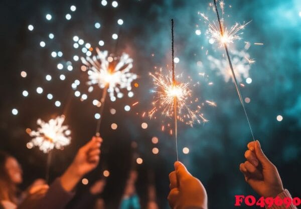 fireworks illuminating a festive scene, with people holding spar