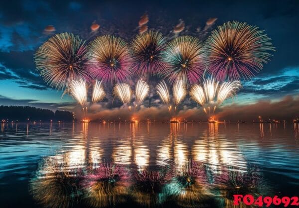 fireworks reflecting on the water as they explode in the sky, cr