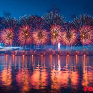 fireworks reflecting on the water as they explode in the sky, cr