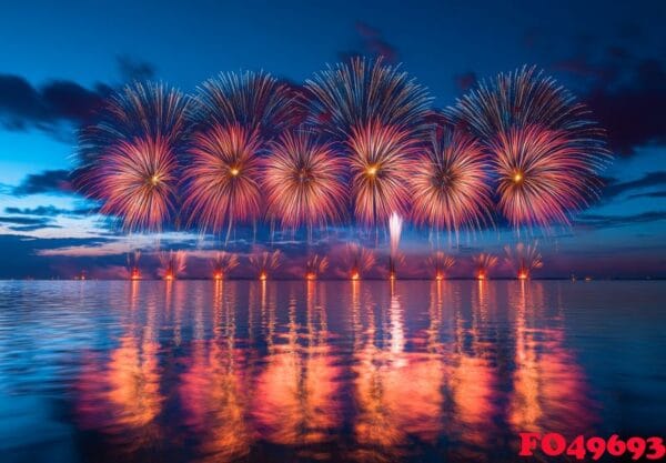 fireworks reflecting on the water as they explode in the sky, cr