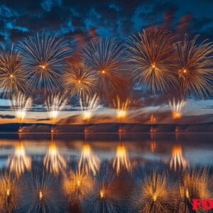 fireworks reflecting on the water as they explode in the sky, cr