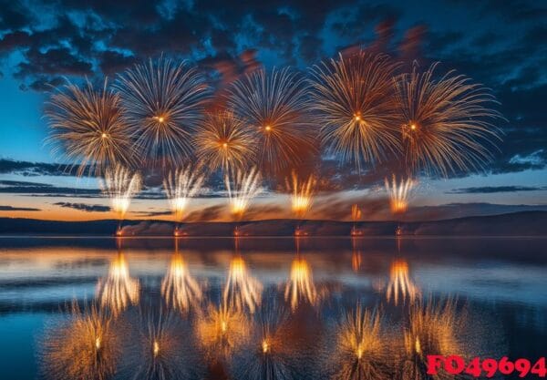 fireworks reflecting on the water as they explode in the sky, cr