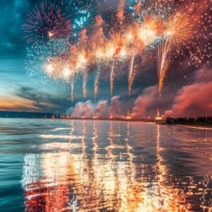 fireworks reflecting on the water as they explode in the sky, cr