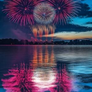 fireworks reflecting on the water as they explode in the sky, cr