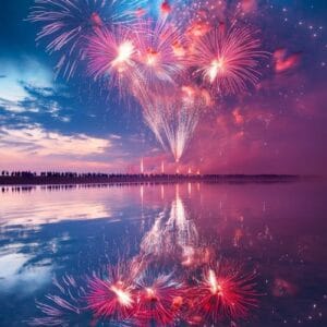 fireworks reflecting on the water as they explode in the sky, cr