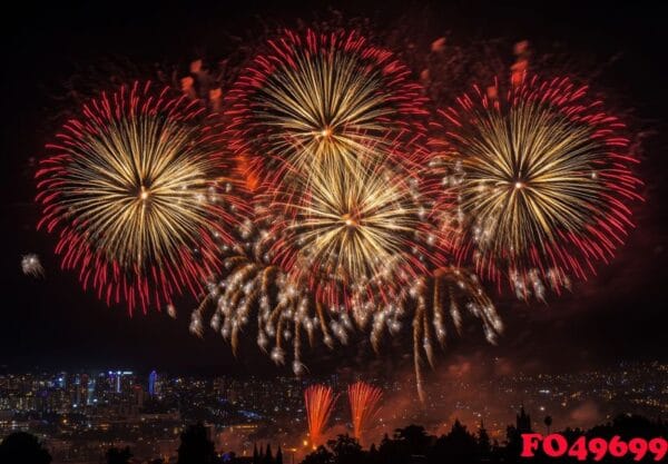 golden and red fireworks spreading across the sky, with city lig