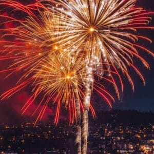 golden and red fireworks spreading across the sky, with city lig