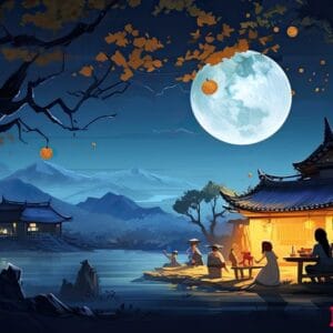 generative ai illustration of a rural setting during the mid autumn festival. show a family sitting outside their traditional house, sharing moon cakes and stories under a tree