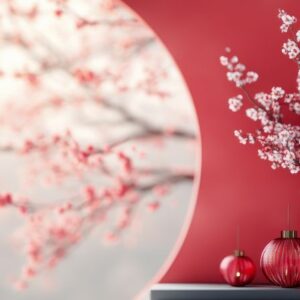 cherry blossom branches with decorative vases in a modern red themed interior