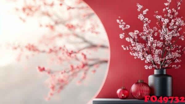 cherry blossom branches with decorative vases in a modern red themed interior