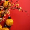 china new year lanterns and decorations on red background