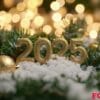 festive 2025 made from snow covered spruce branches, golden bokeh background