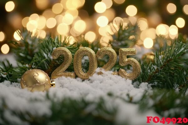 festive 2025 made from snow covered spruce branches, golden bokeh background