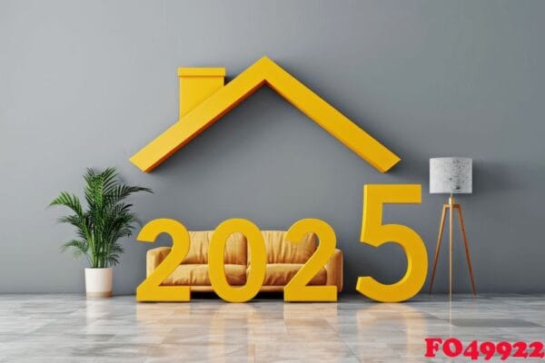 a mock up of a yellow house with a yellow inscription 2025 insid