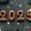 christmas and new year greeting card. number 2025 on dark background. holiday lights bokeh background. happy new year 2025 concept