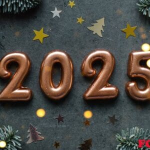 christmas and new year greeting card. number 2025 on dark background. holiday lights bokeh background. happy new year 2025 concept