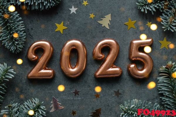 christmas and new year greeting card. number 2025 on dark background. holiday lights bokeh background. happy new year 2025 concept