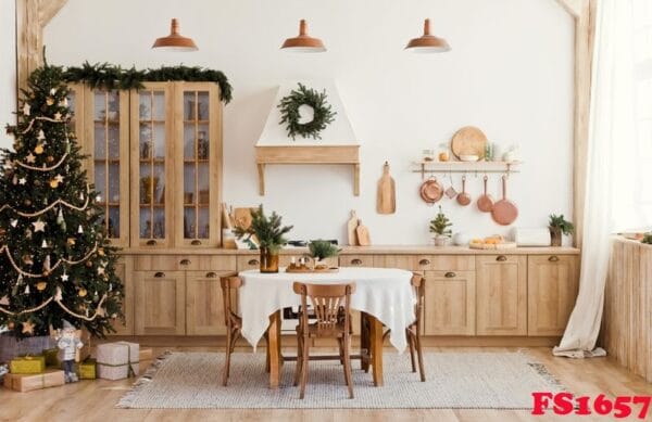 light,scandinavian,wooden,kitchen,with,christmas,decorations,and,christmas,tree