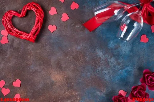 valentines day background with handmaded hearts, glasses and gift box on a stone background. valentine's day