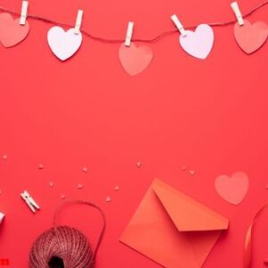 valentine's day background with heart shape decorations, gift and ribbons. view from above. flat lay composition