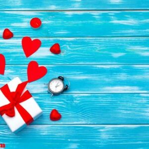 creative valentine day romantic composition flat lay top view love holiday celebration red heart calendar date blue wooden background