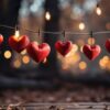 happy valentine's day wedding birthday background banner panoramic greeting red hearts hanging on wooden clothespins rope with bokeh lights on background