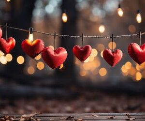 happy valentine's day wedding birthday background banner panoramic greeting red hearts hanging on wooden clothespins rope with bokeh lights on background