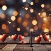 happy valentine's day wedding birthday background banner panoramic greeting red hearts hanging on wooden clothespins rope with bokeh lights on background