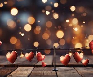 happy valentine's day wedding birthday background banner panoramic greeting red hearts hanging on wooden clothespins rope with bokeh lights on background