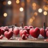 happy valentine's day wedding birthday background banner panoramic greeting red hearts hanging on wooden clothespins rope with bokeh lights on background