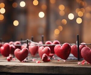 happy valentine's day wedding birthday background banner panoramic greeting red hearts hanging on wooden clothespins rope with bokeh lights on background