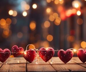 happy valentine's day wedding birthday background banner panoramic greeting red hearts hanging on wooden clothespins rope with bokeh lights on background