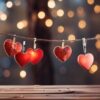 happy valentine's day wedding birthday background banner panoramic greeting red hearts hanging on wooden clothespins rope with bokeh lights on background