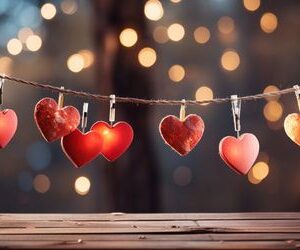 happy valentine's day wedding birthday background banner panoramic greeting red hearts hanging on wooden clothespins rope with bokeh lights on background