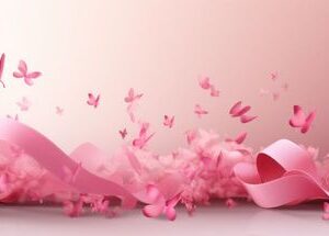 pink ribbon with floating petals surrounded by white space