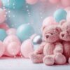 teddy bears and balloons on a pink background for baby girl