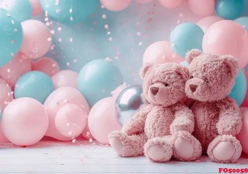 teddy bears and balloons on a pink background for baby girl