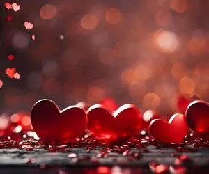 festive valentines background with sparkling red hearts decoration and copy space. valentine, mothers, womens day, wedding or birthday banner concept.