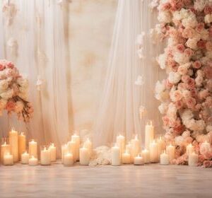 a dreamy wedding background, roses, candlelight, and space for l