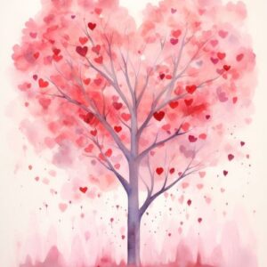 watercolour painting of a tree with many red flowers, isolated