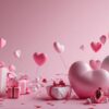 pink background with balloons and gifts on it