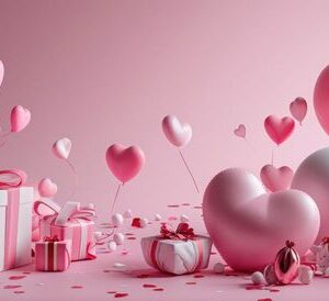 pink background with balloons and gifts on it