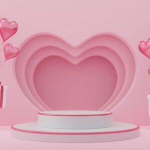 empty white cylinder podium with pink border, gift boxes, hearts