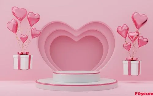 empty white cylinder podium with pink border, gift boxes, hearts