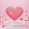 empty white cylinder podium with pink border, hearts balloons, g